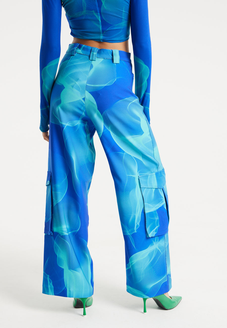 House Of Holland Royal Blue Aqua Mesh Abstract Wire Print Cargo Pants With Side Pockets
