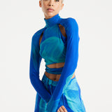 House Of Holland Royal Blue Aqua Mesh Abstract Wire Print Crop Top With Cut Out Details