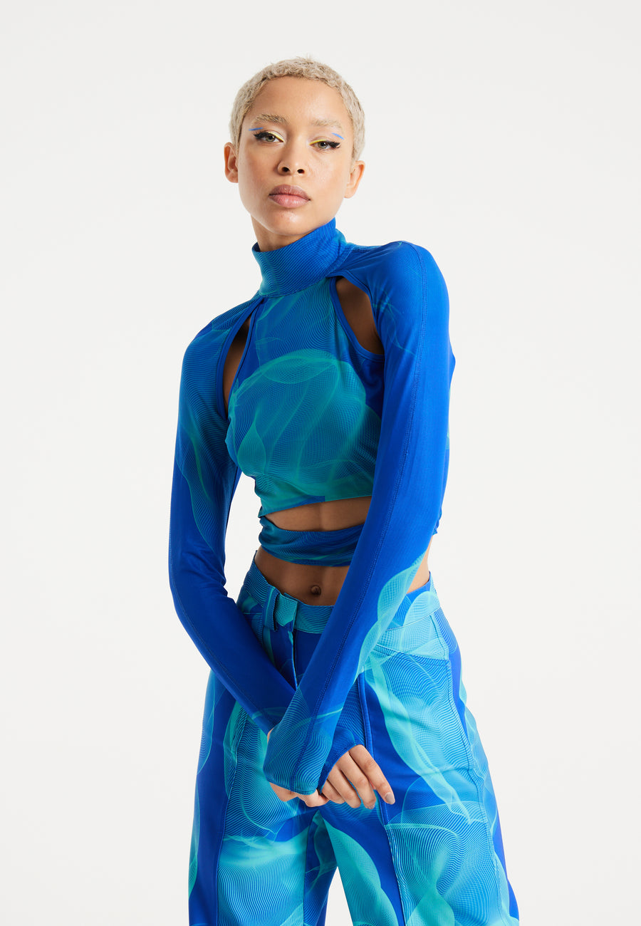 House Of Holland Royal Blue Aqua Mesh Abstract Wire Print Crop Top With Cut Out Details