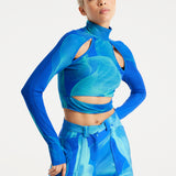 House Of Holland Royal Blue Aqua Mesh Abstract Wire Print Crop Top With Cut Out Details