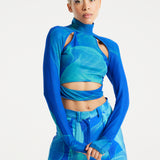 House Of Holland Royal Blue Aqua Mesh Abstract Wire Print Crop Top With Cut Out Details