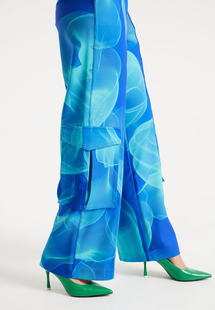 House Of Holland Royal Blue Aqua Mesh Abstract Wire Print Cargo Pants With Side Pockets