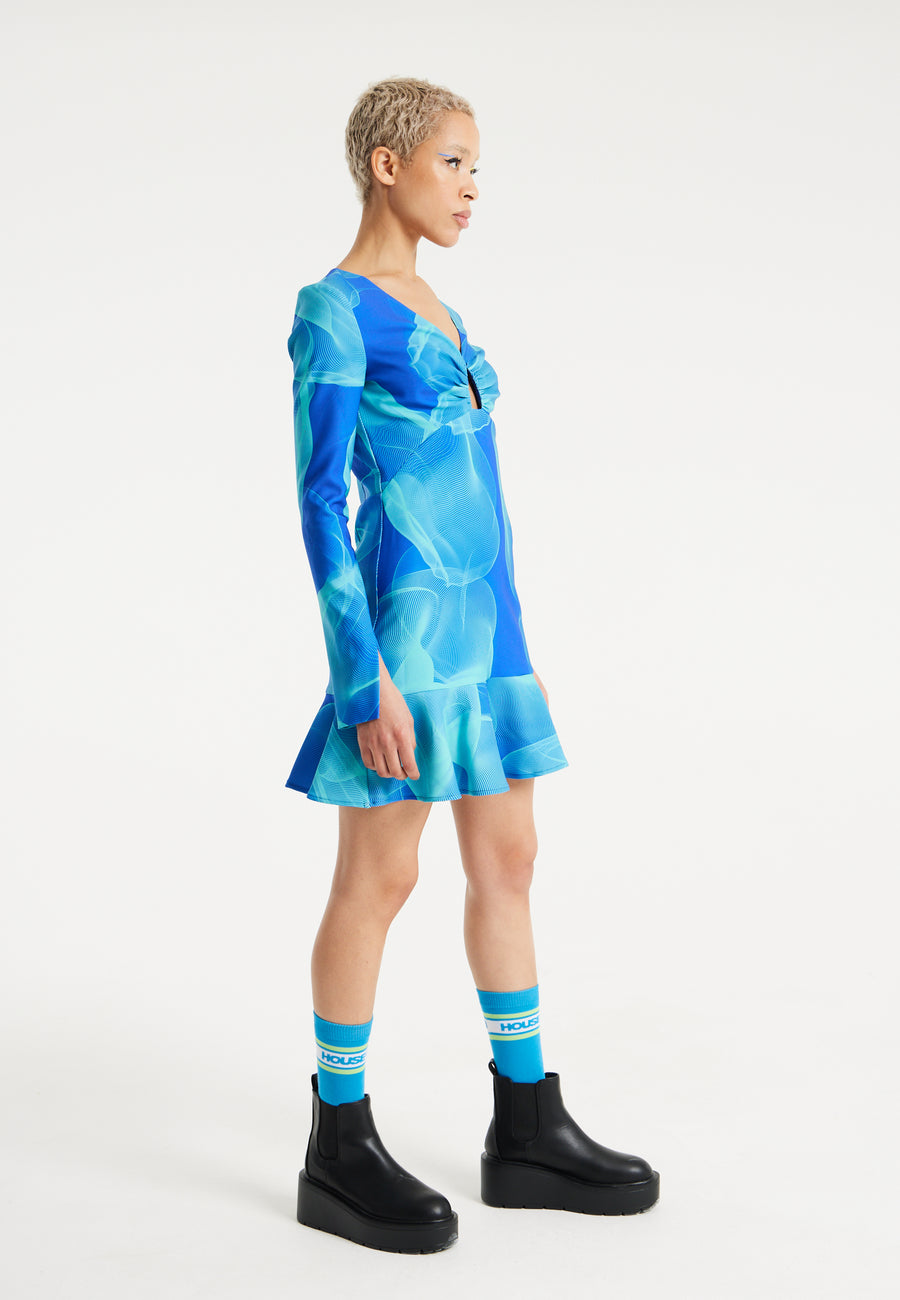 House Of Holland Aqua Mesh Abstract Wire Print Long Sleeve Dress With A Front Cut Out Detail