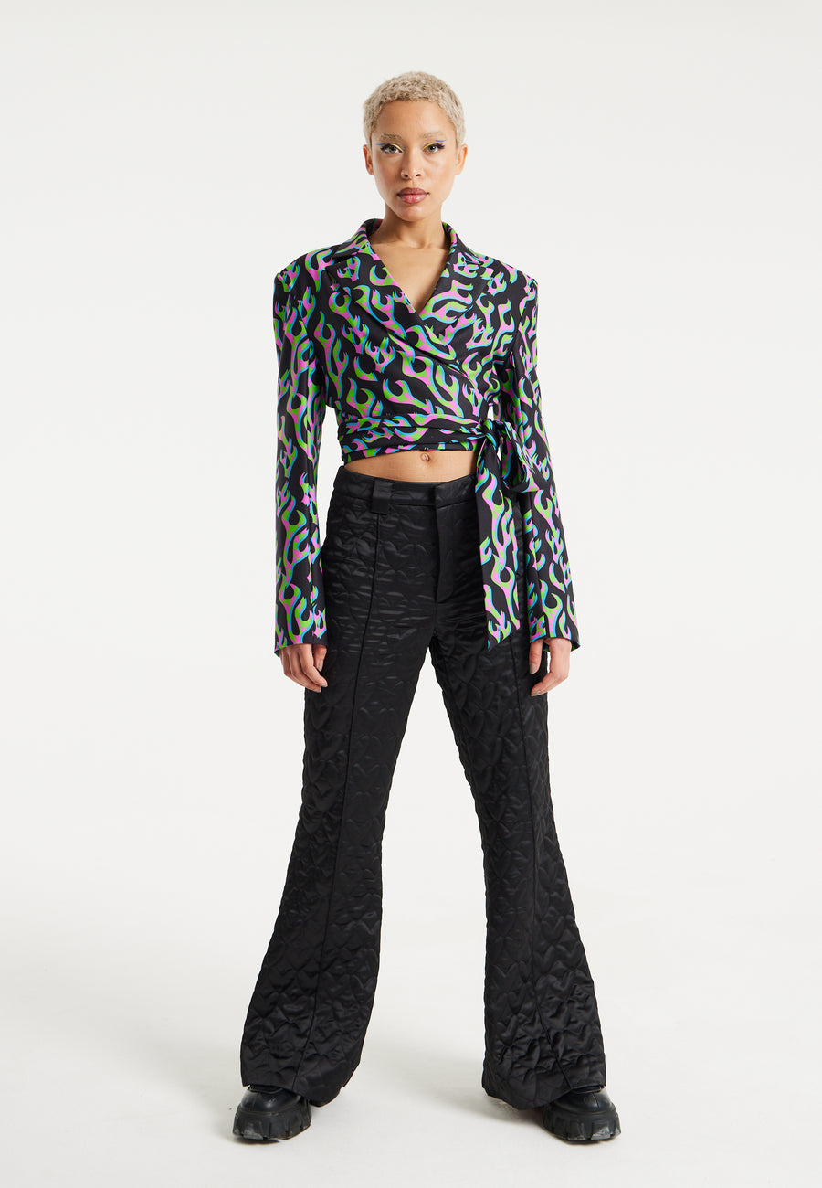 House Of Holland Neon Green And Pink Flame Print Suit Blazer With Black Lining And Belt Detail