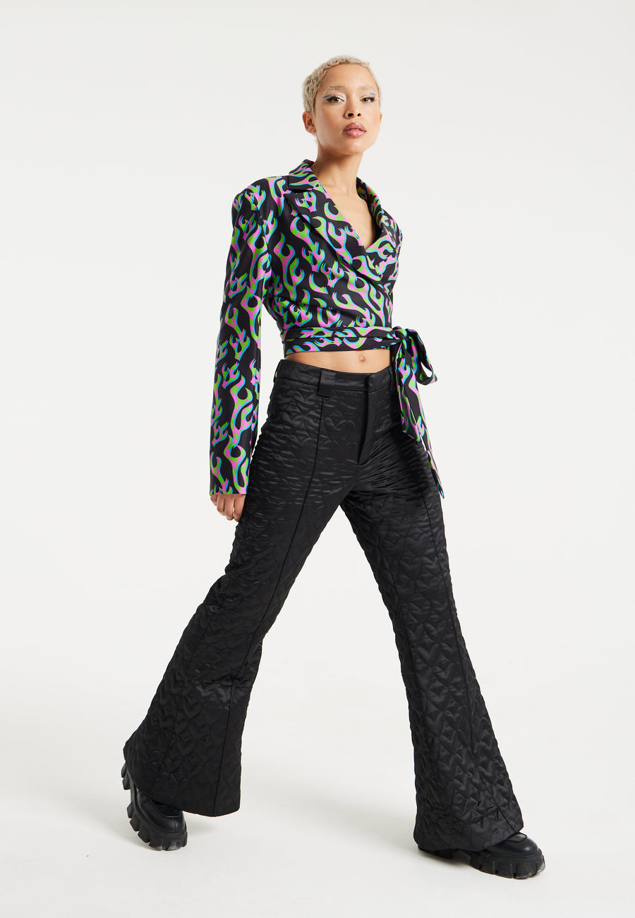 House Of Holland Neon Green And Pink Flame Print Suit Blazer With Black Lining And Belt Detail