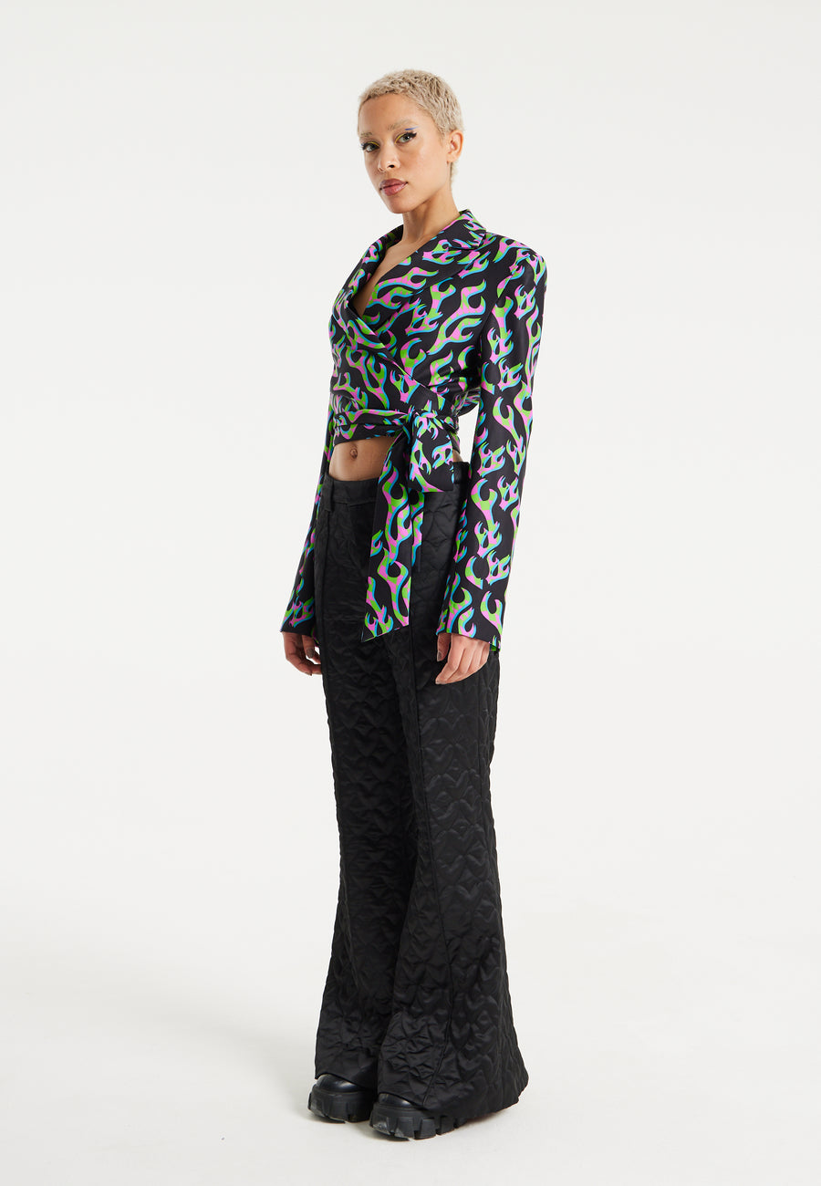 House Of Holland Neon Green And Pink Flame Print Suit Blazer With Black Lining And Belt Detail