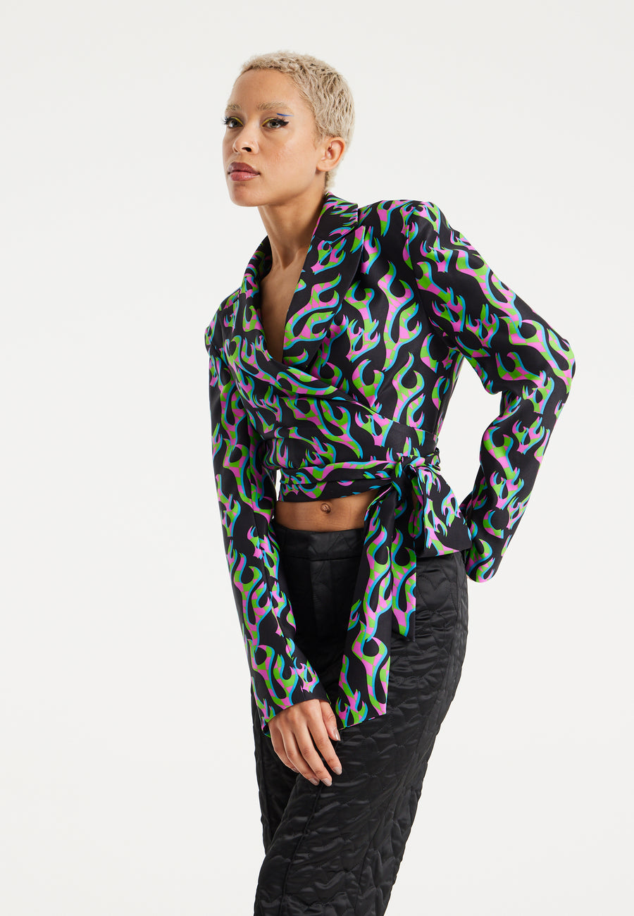 House Of Holland Neon Green And Pink Flame Print Suit Blazer With Black Lining And Belt Detail