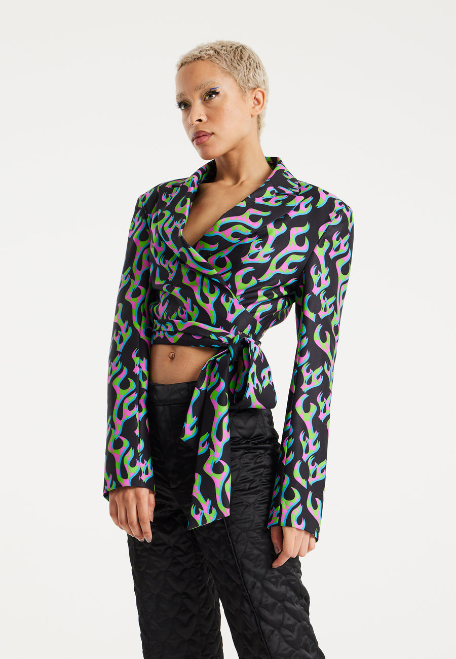 House Of Holland Neon Green And Pink Flame Print Suit Blazer With Black Lining And Belt Detail