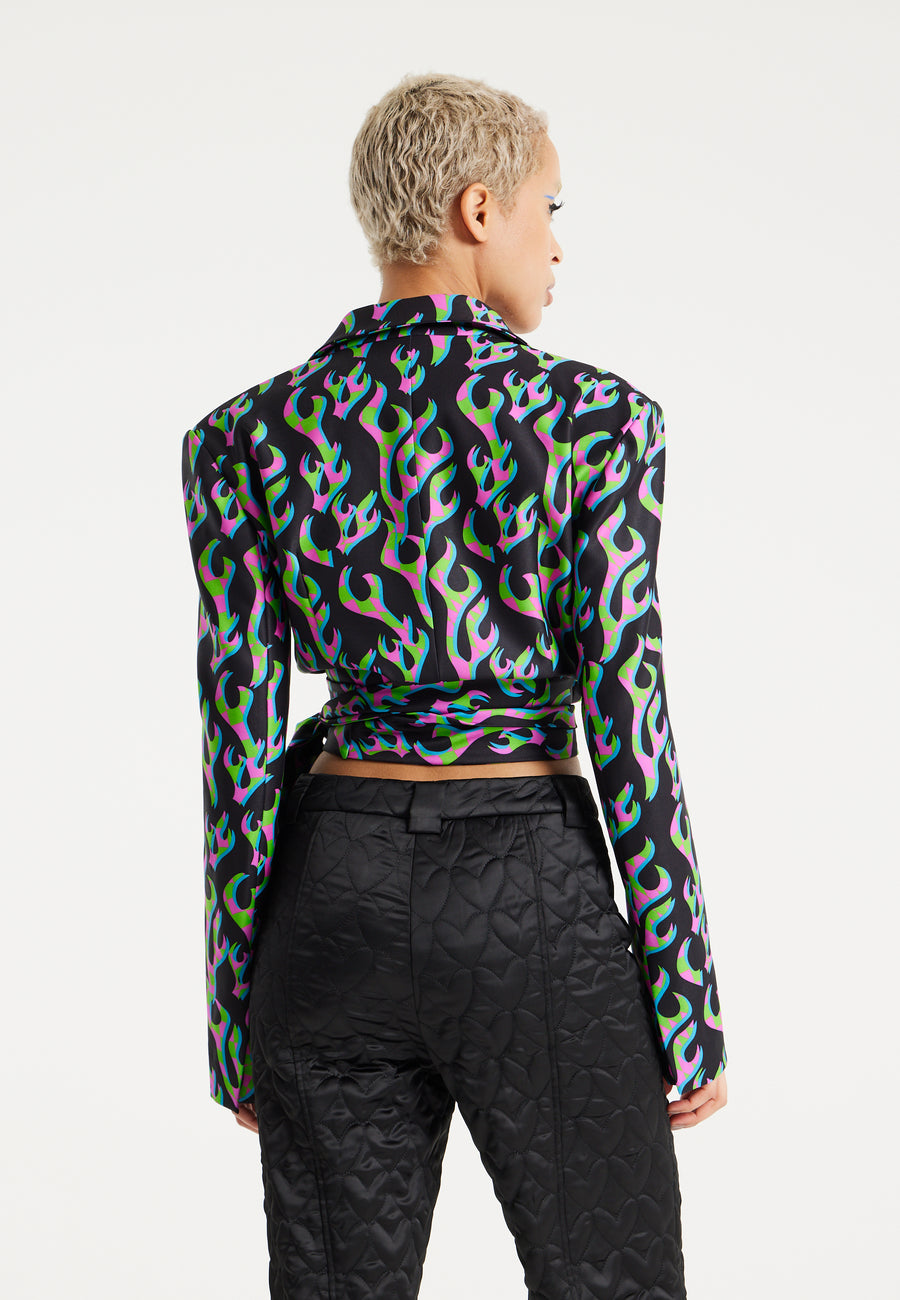 House Of Holland Neon Green And Pink Flame Print Suit Blazer With Black Lining And Belt Detail