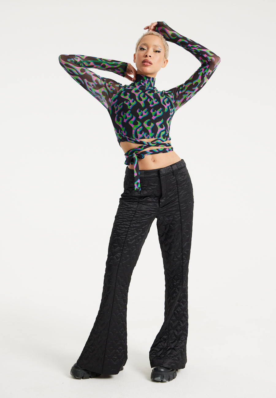 House Of Holland Neon Green And Pink Flame Print Mesh Crop Top With Front Detail