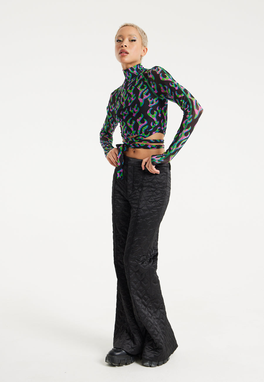 House Of Holland Neon Green And Pink Flame Print Mesh Crop Top With Front Detail