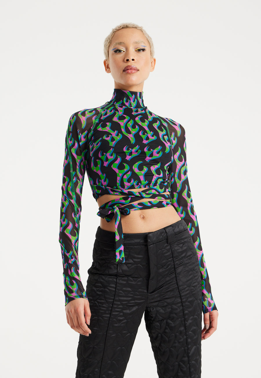 House Of Holland Neon Green And Pink Flame Print Mesh Crop Top With Front Detail