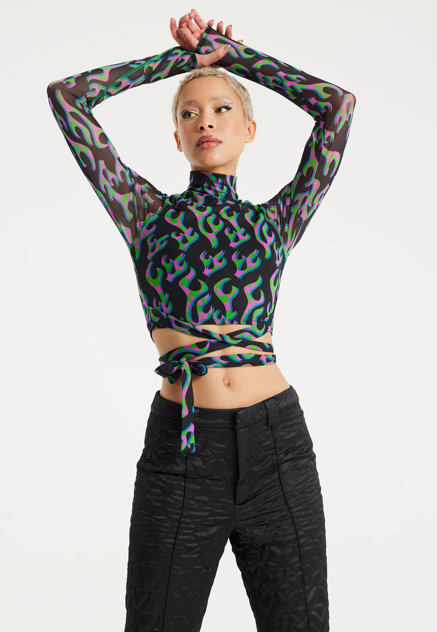 House Of Holland Neon Green And Pink Flame Print Mesh Crop Top With Front Detail