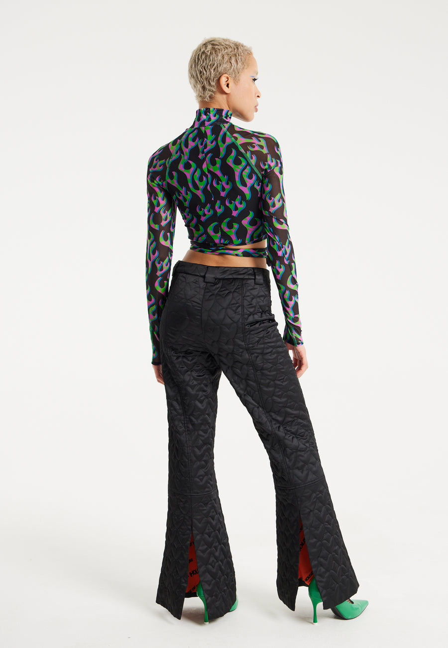 House Of Holland Neon Green And Pink Flame Print Mesh Crop Top With Front Detail