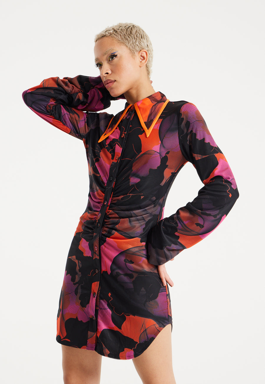 House Of Holland Abstract Wire Print Mesh Mini Shirt Dress With Buttons In Orange And Black