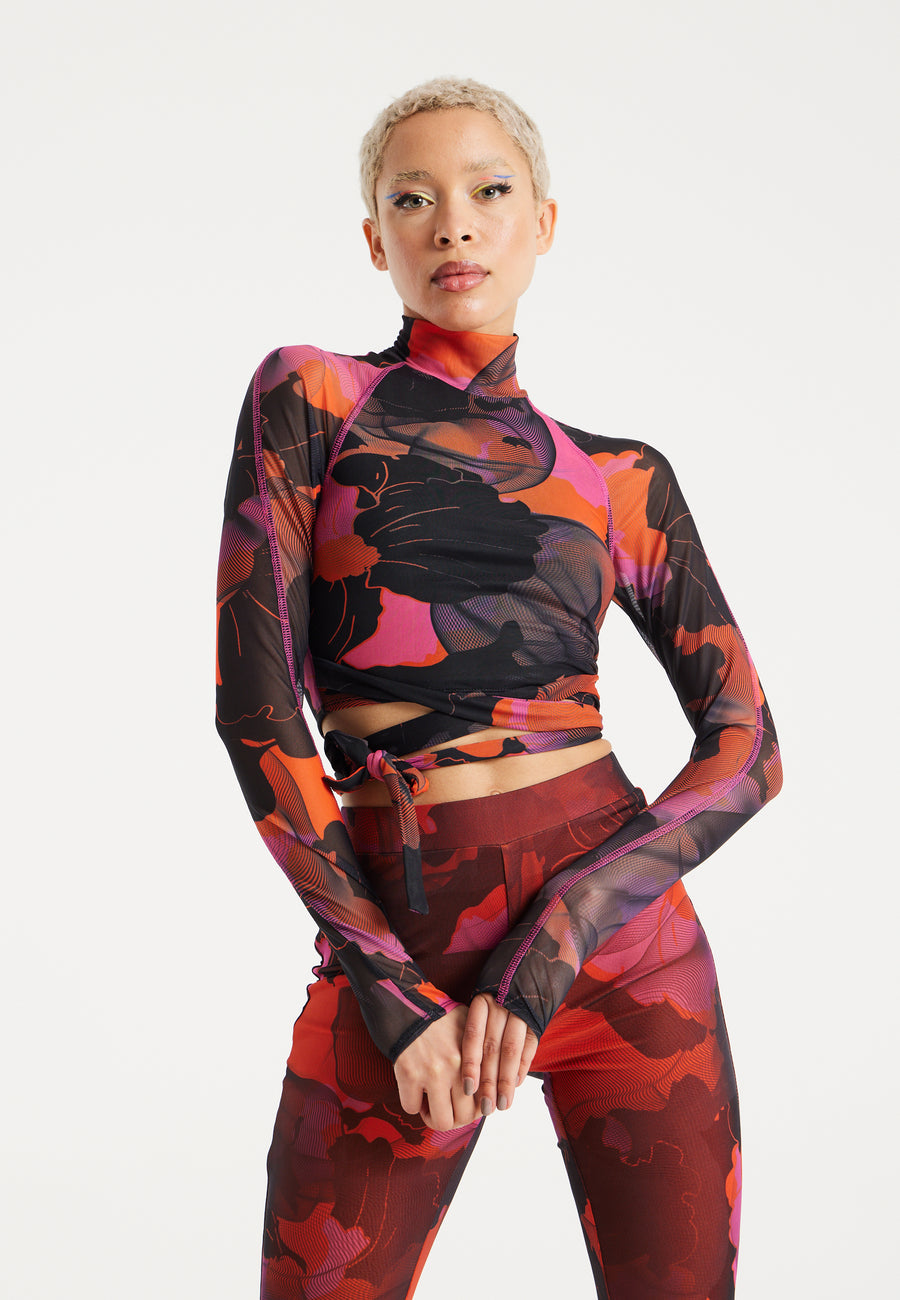 House Of Holland Abstract Wire Print Mesh Crop Top With Tie Details