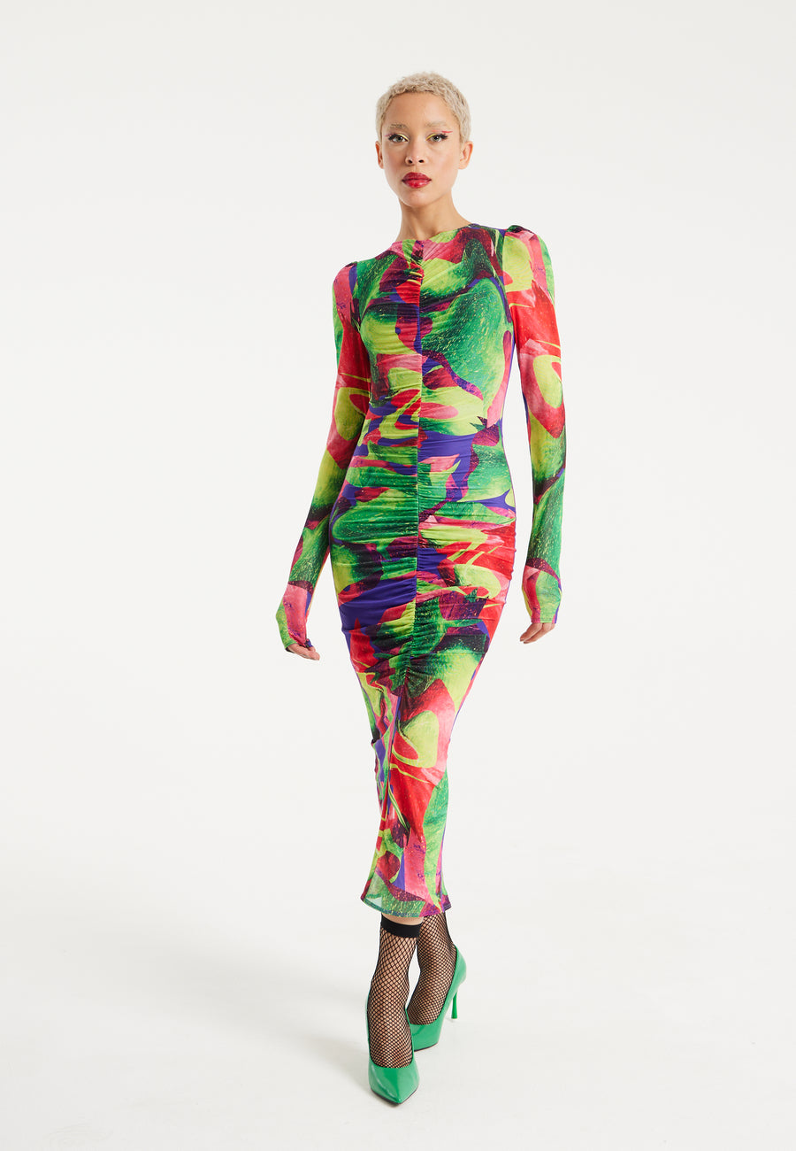House Of Holland Abstract Multicolour Print Midi Dress With Ruching Detail