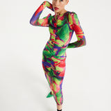 House Of Holland Abstract Multicolour Print Midi Dress With Ruching Detail