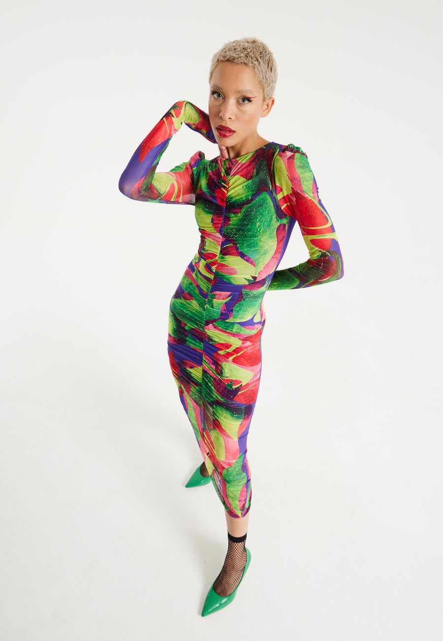 House Of Holland Abstract Multicolour Print Midi Dress With Ruching Detail
