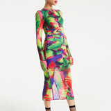 House Of Holland Abstract Multicolour Print Midi Dress With Ruching Detail
