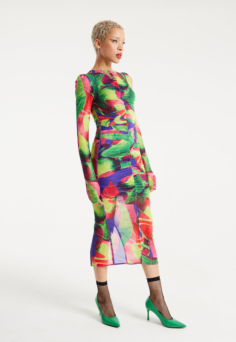 House Of Holland Abstract Multicolour Print Midi Dress With Ruching Detail