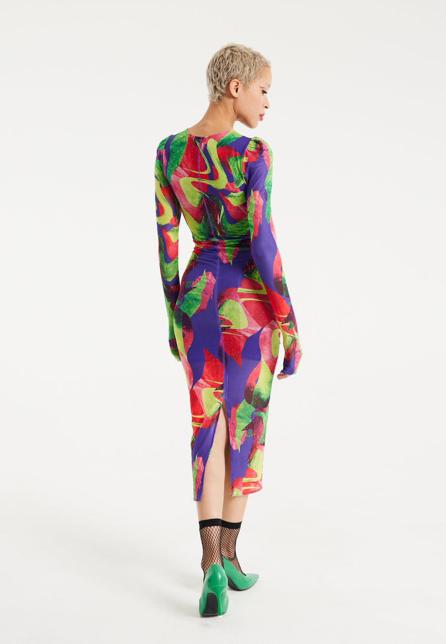 House Of Holland Abstract Multicolour Print Midi Dress With Ruching Detail