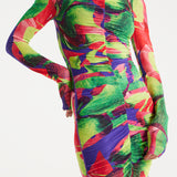House Of Holland Abstract Multicolour Print Midi Dress With Ruching Detail