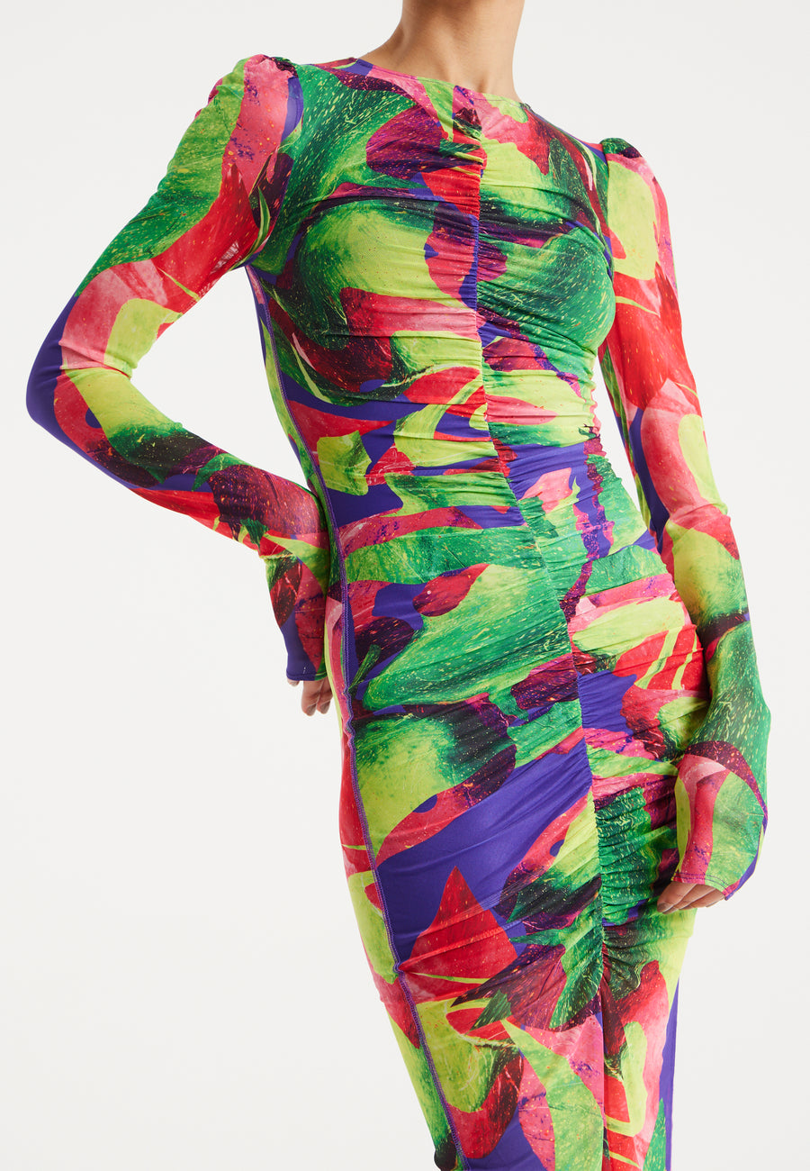 House Of Holland Abstract Multicolour Print Midi Dress With Ruching Detail