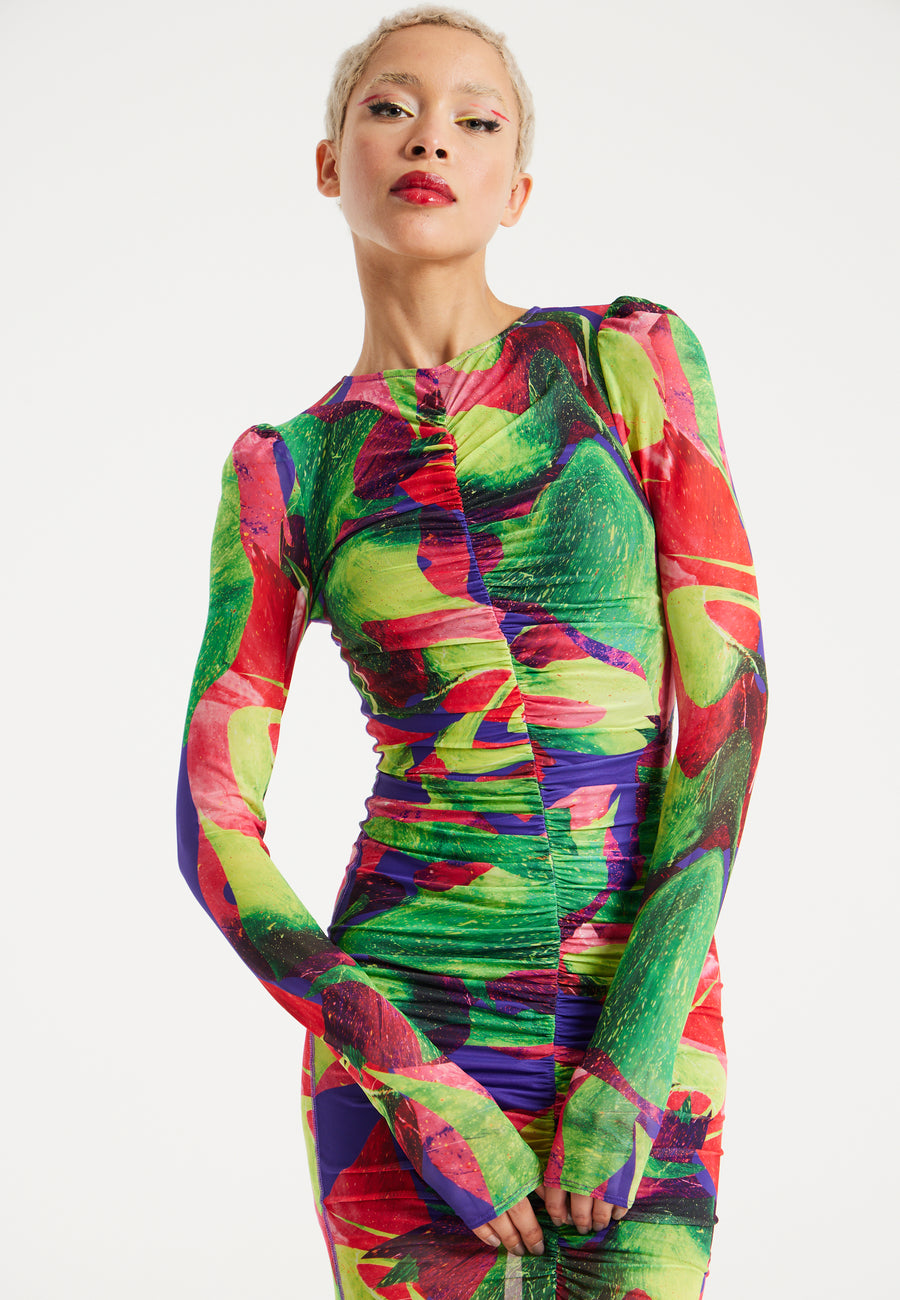 House Of Holland Abstract Multicolour Print Midi Dress With Ruching Detail