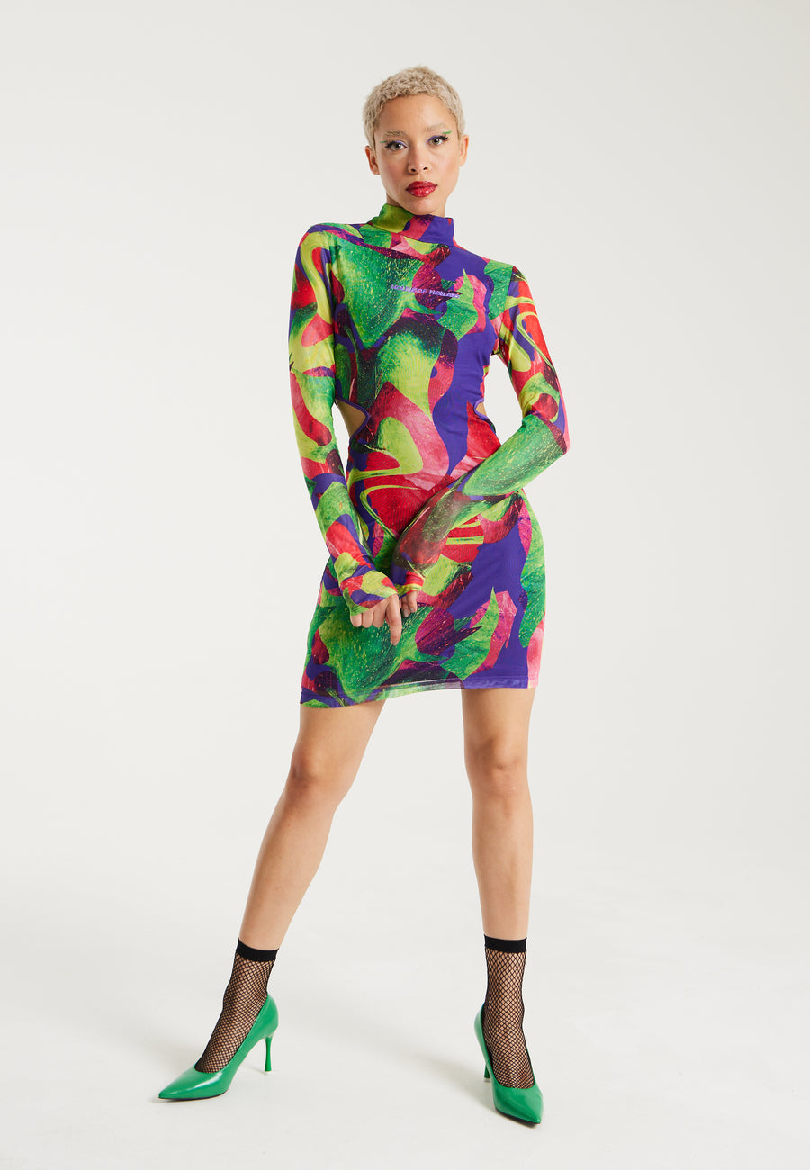 House Of Holland Abstract Multicolour Print Mini Dress With Cut Out Details