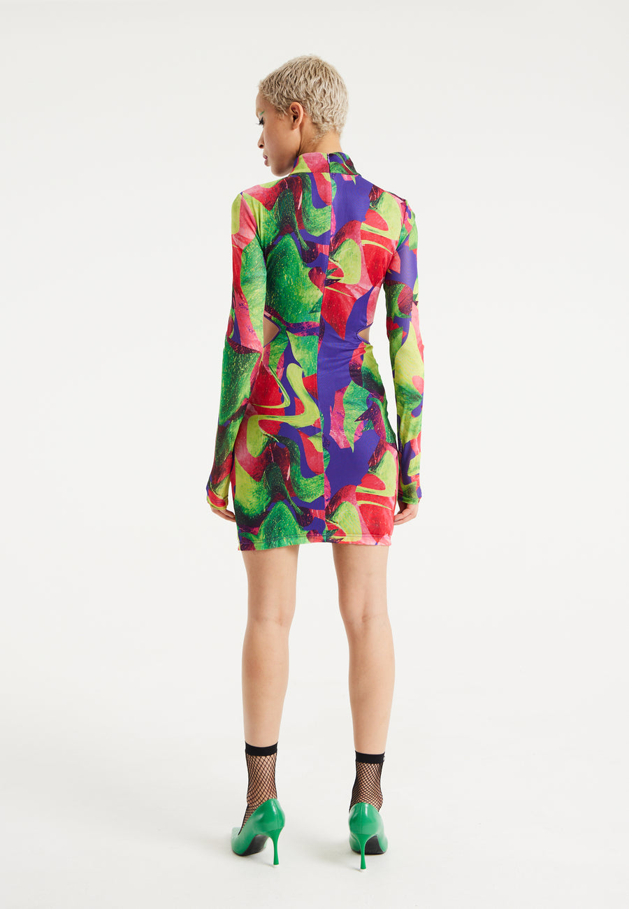 House Of Holland Abstract Multicolour Print Mini Dress With Cut Out Details