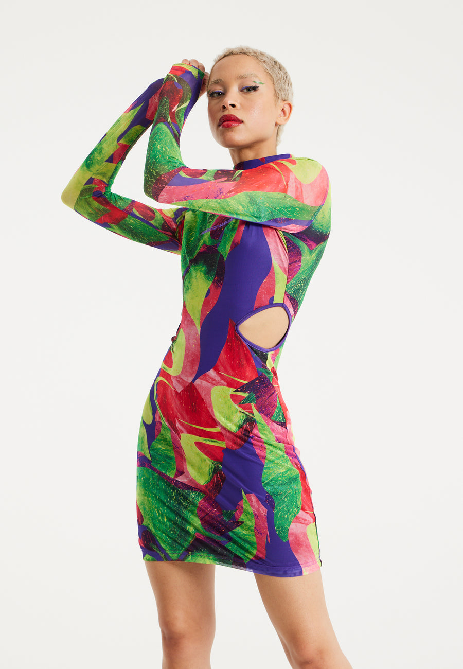 House Of Holland Abstract Multicolour Print Mini Dress With Cut Out Details
