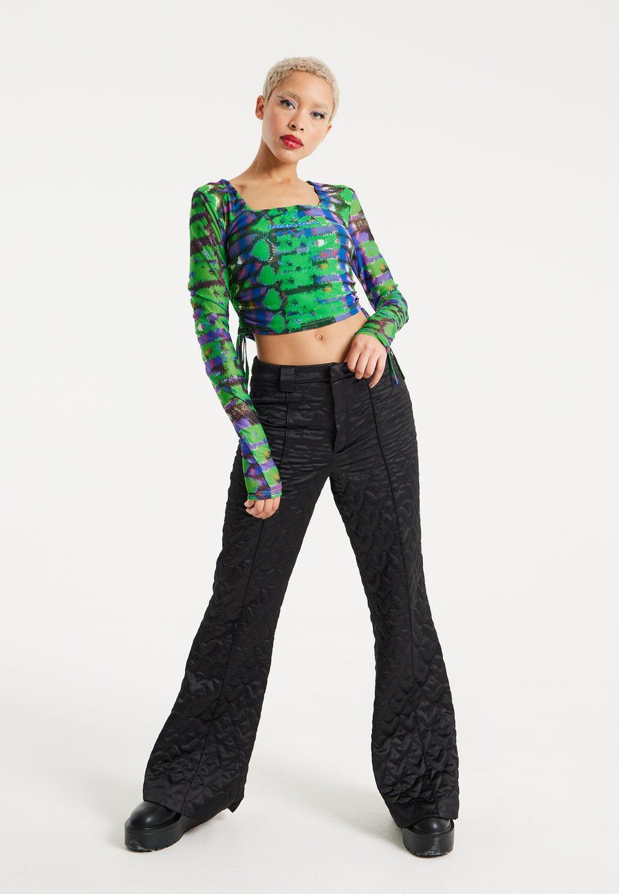 House Of Holland Snake Print Mesh Crop Top With Side Ruching Details