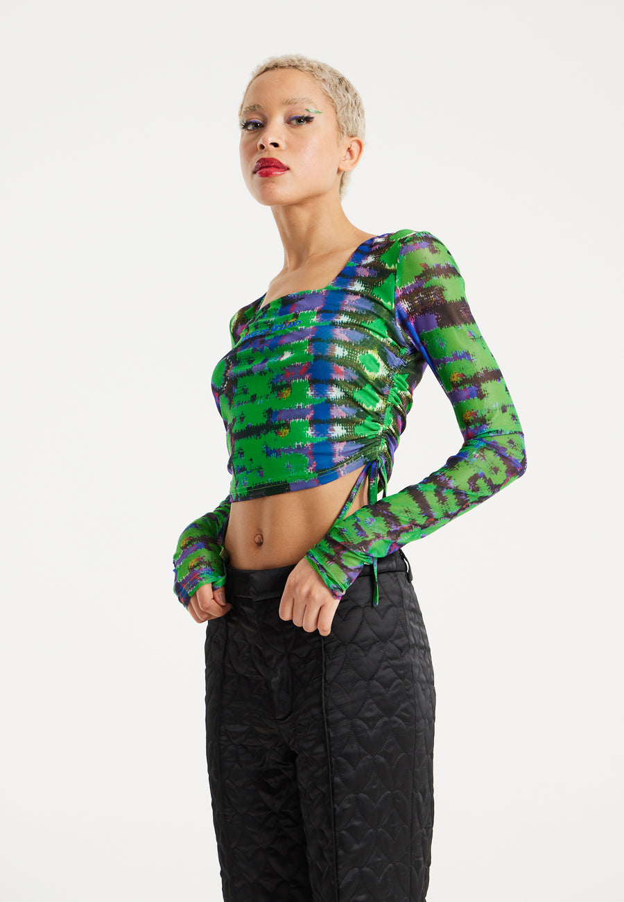 House Of Holland Snake Print Mesh Crop Top With Side Ruching Details