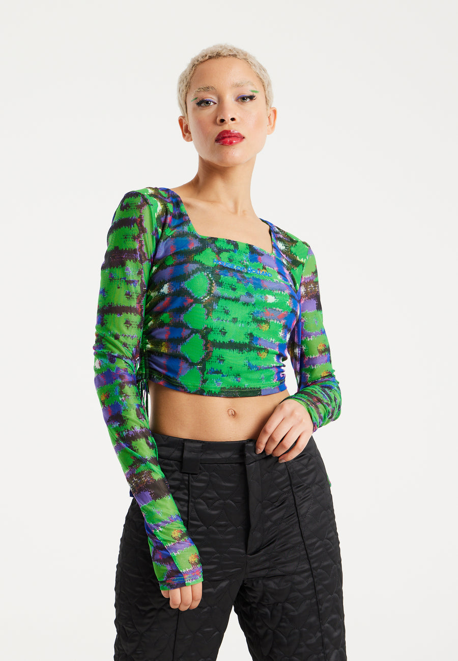 House Of Holland Snake Print Mesh Crop Top With Side Ruching Details