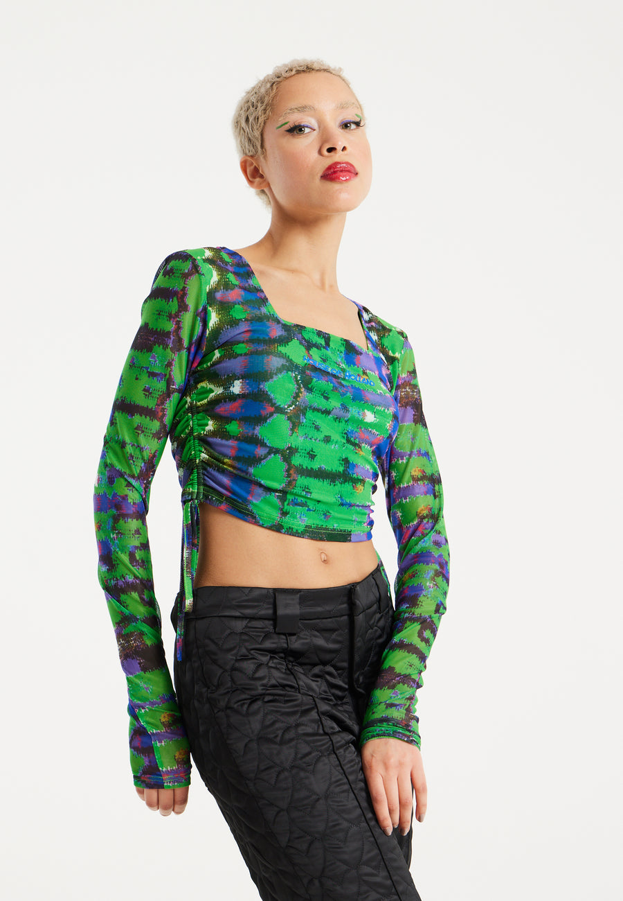House Of Holland Snake Print Mesh Crop Top With Side Ruching Details