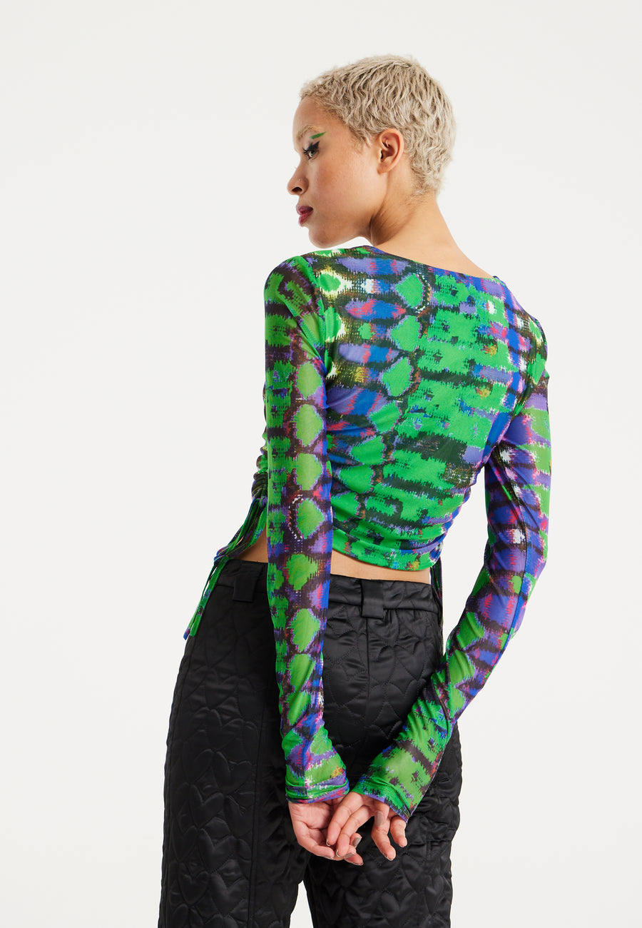 House Of Holland Snake Print Mesh Crop Top With Side Ruching Details