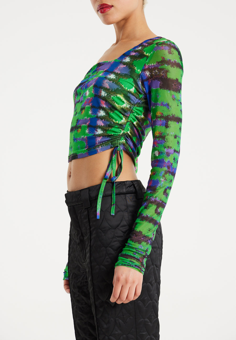 House Of Holland Snake Print Mesh Crop Top With Side Ruching Details