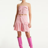 House of Holland Light Pink Pleated Denim Skirt with Studded Embroidered Logo