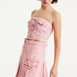 House of Holland Light Pink Pleated Denim Skirt with Studded Embroidered Logo