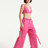 House of Holland Hot Pink Denim Wide Leg Cargo Trousers