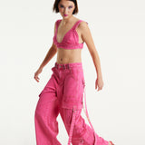 House of Holland Hot Pink Denim Wide Leg Cargo Trousers