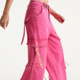 House of Holland Hot Pink Denim Wide Leg Cargo Trousers