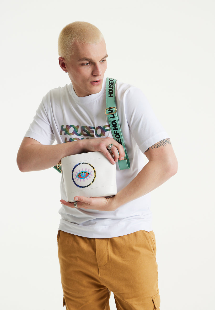 House Of Holland White Crossbody Bag with Printed Logo and Plait Handle