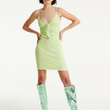 House of Holland Ribbed Knit Green Mini Dress with Tie Front Detail