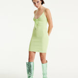 House of Holland Ribbed Knit Green Mini Dress with Tie Front Detail