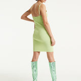 House of Holland Ribbed Knit Green Mini Dress with Tie Front Detail