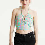 House Of Holland Logo Printed Halter Neck Crop Top