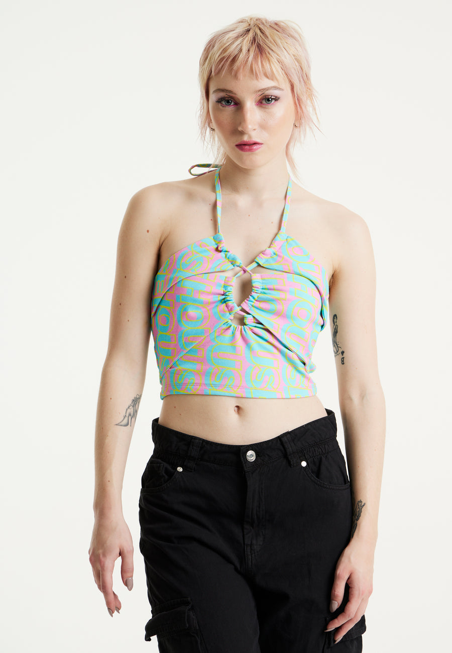 House Of Holland Logo Printed Halter Neck Crop Top