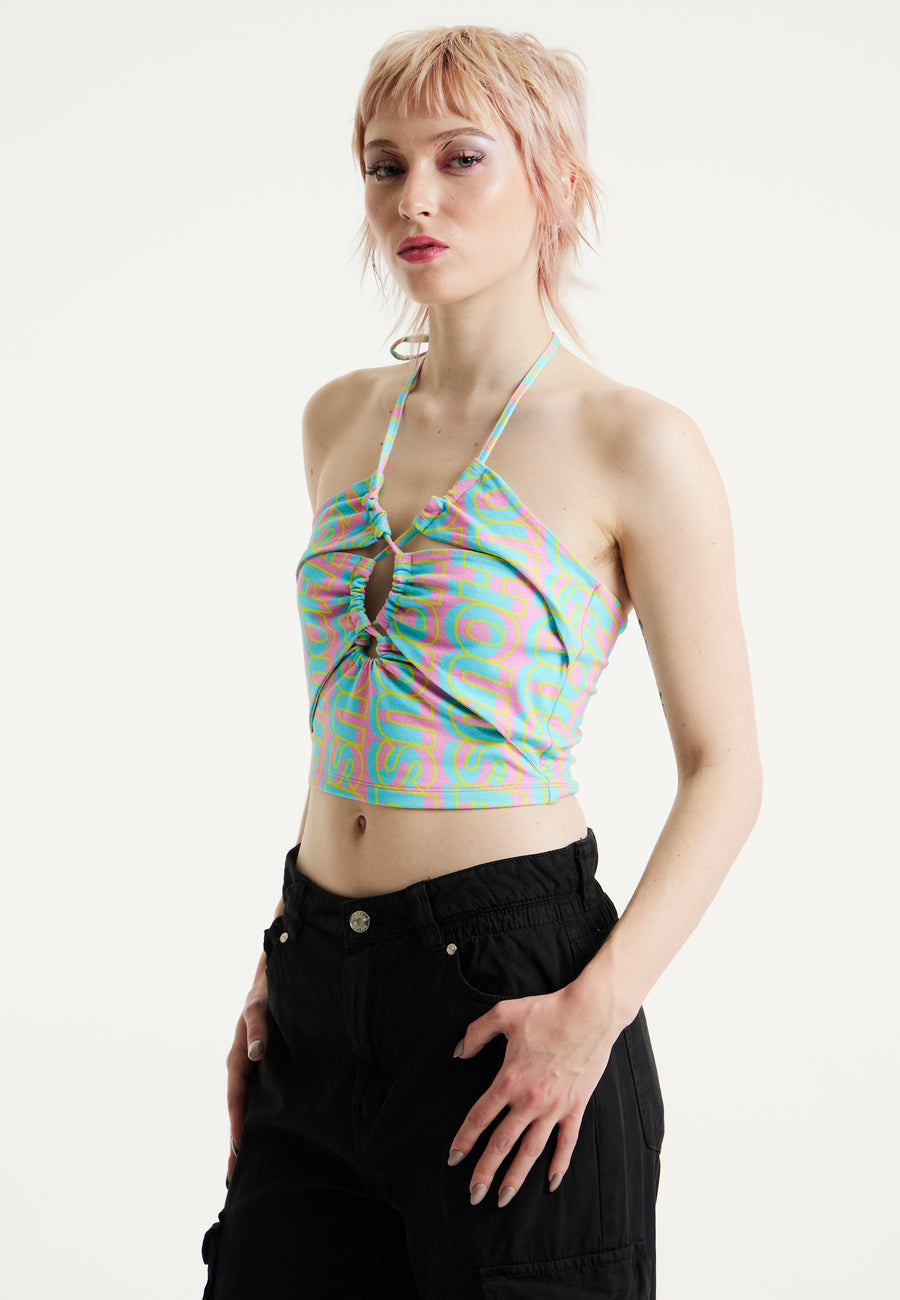 House Of Holland Logo Printed Halter Neck Crop Top